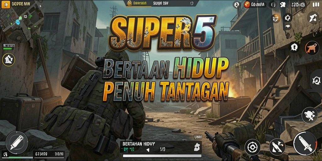 Tangkapan layar utama game SUPER5 menampilkan aksi bertahan hidup yang menegangkan.